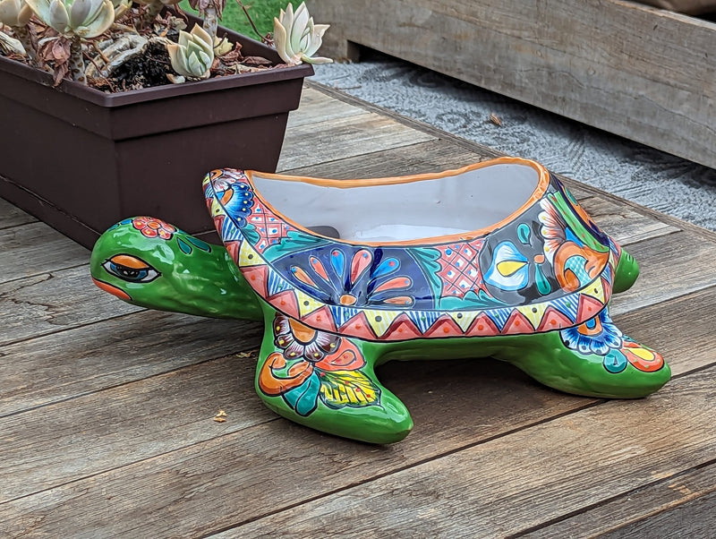 Talavera Turtle Planter, Handmade Mexican Pottery for Succulents or Flowers or Garden Decor, Ceramic Flower Pot for Outdoor or Home Decor