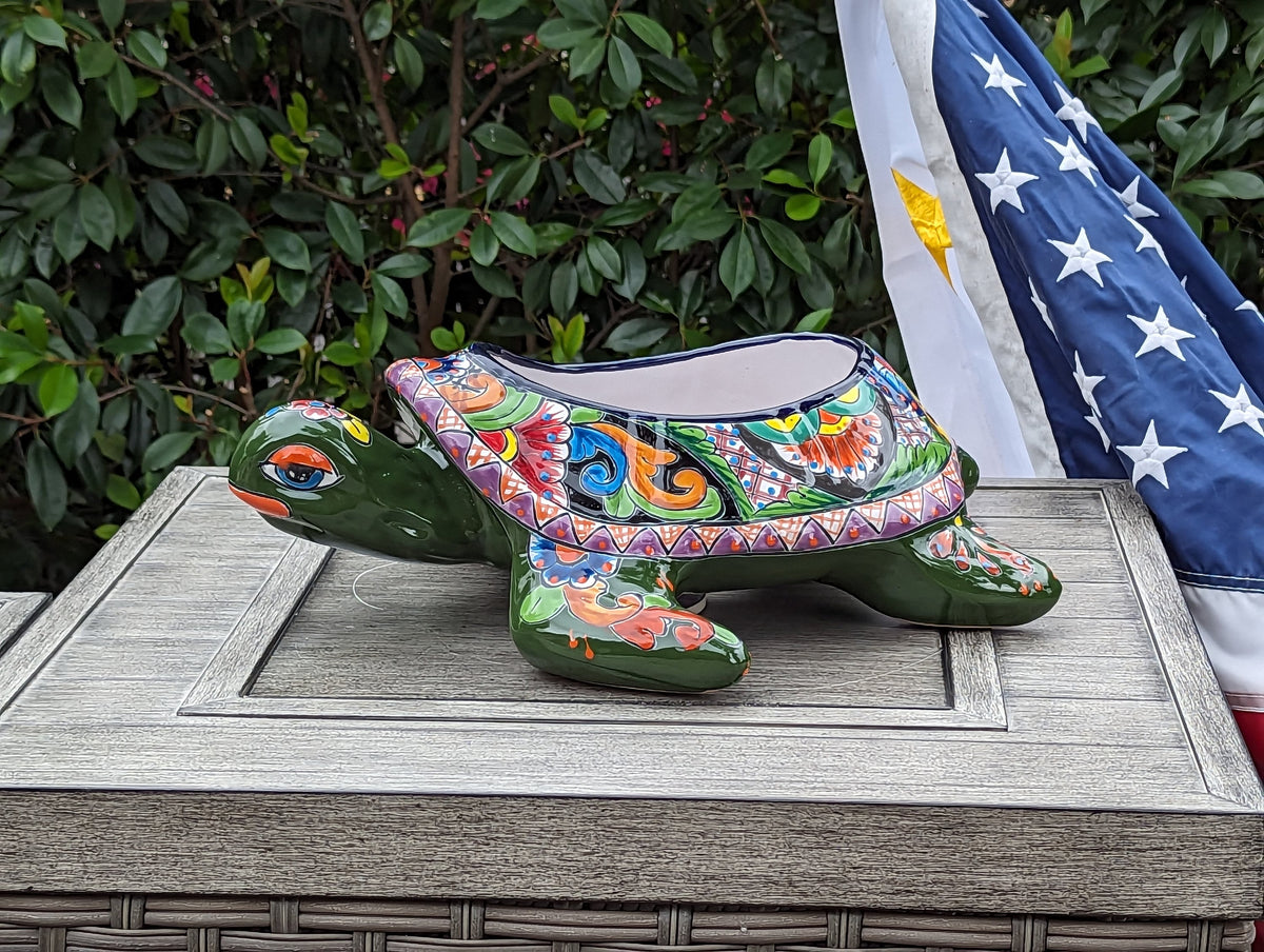 Talavera Turtle Planter, Handmade Mexican Pottery for Succulents or Flowers or Garden Decor, Ceramic Flower Pot for Outdoor or Home Decor