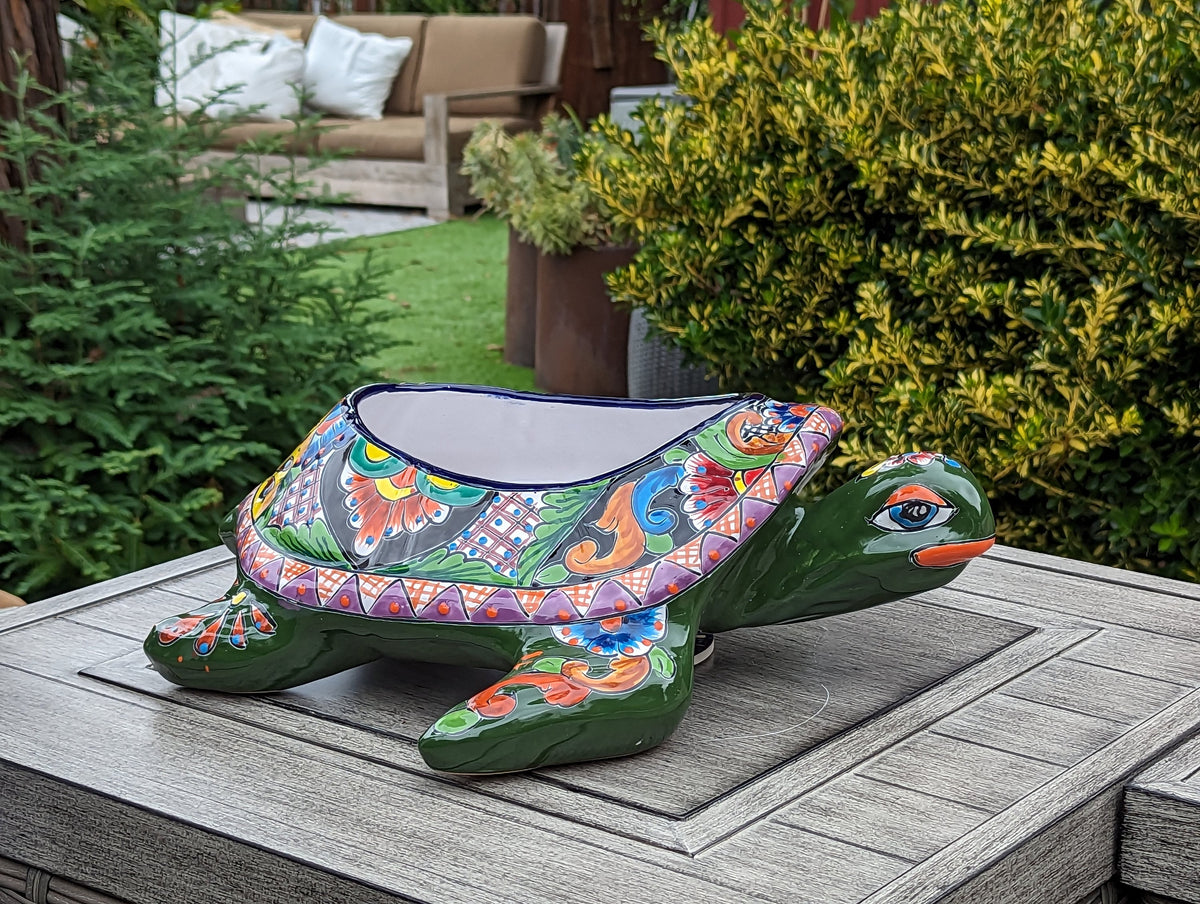 Talavera Turtle Planter, Handmade Mexican Pottery for Succulents or Flowers or Garden Decor, Ceramic Flower Pot for Outdoor or Home Decor