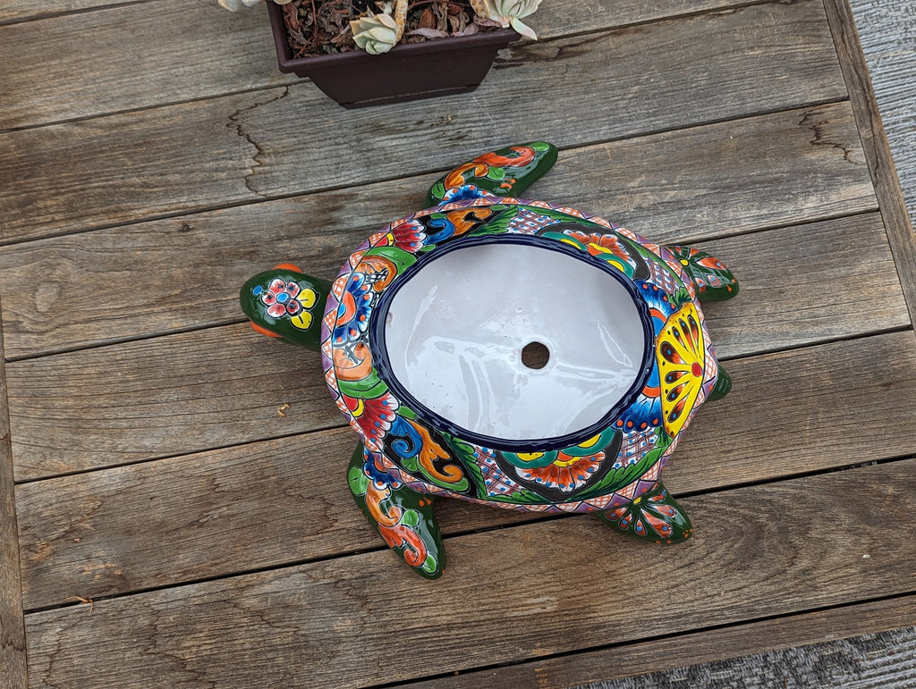 Talavera Turtle Planter, Handmade Mexican Pottery for Succulents or Flowers or Garden Decor, Ceramic Flower Pot for Outdoor or Home Decor