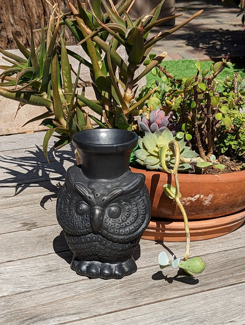 Black Owl Vase in Clay, Dried Flower Pot, Handmade Mexican Pottery from Atzompa, Mexico, Home Decor, Indoor Decor, Floral Centerpiece