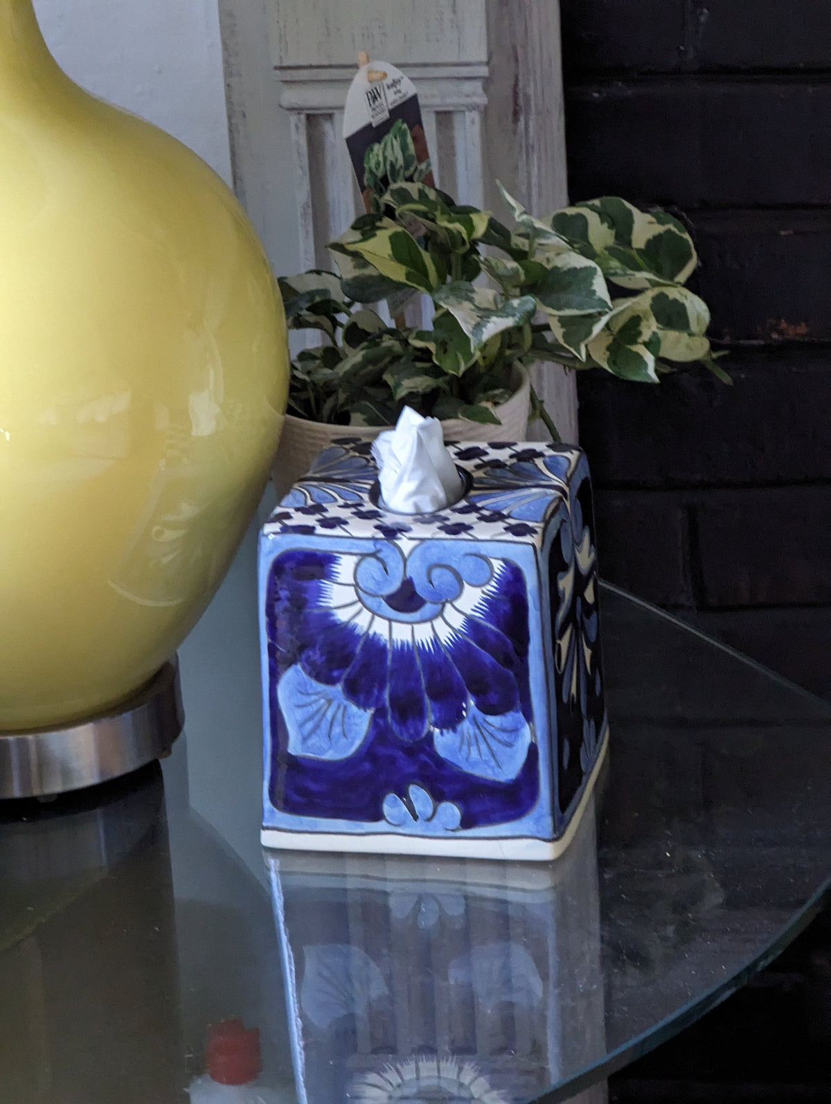 Facial Tissue Holder, Square Tissue Box, Talavera Pottery, Handmade in Mexico, 6" Tall Tissue Case, Blue & White