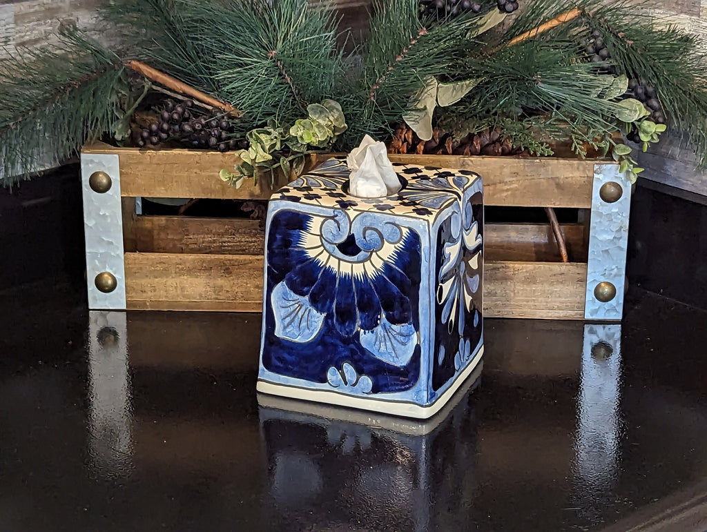 Facial Tissue Holder, Square Tissue Box, Talavera Pottery, Handmade in Mexico, 6" Tall Tissue Case, Blue & White