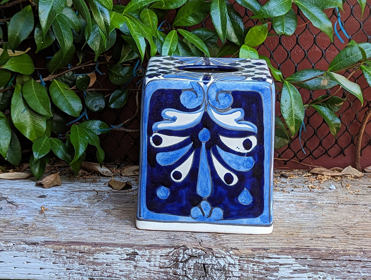 Facial Tissue Holder, Square Tissue Box, Talavera Pottery, Handmade in Mexico, 6" Tall Tissue Case, Blue & White
