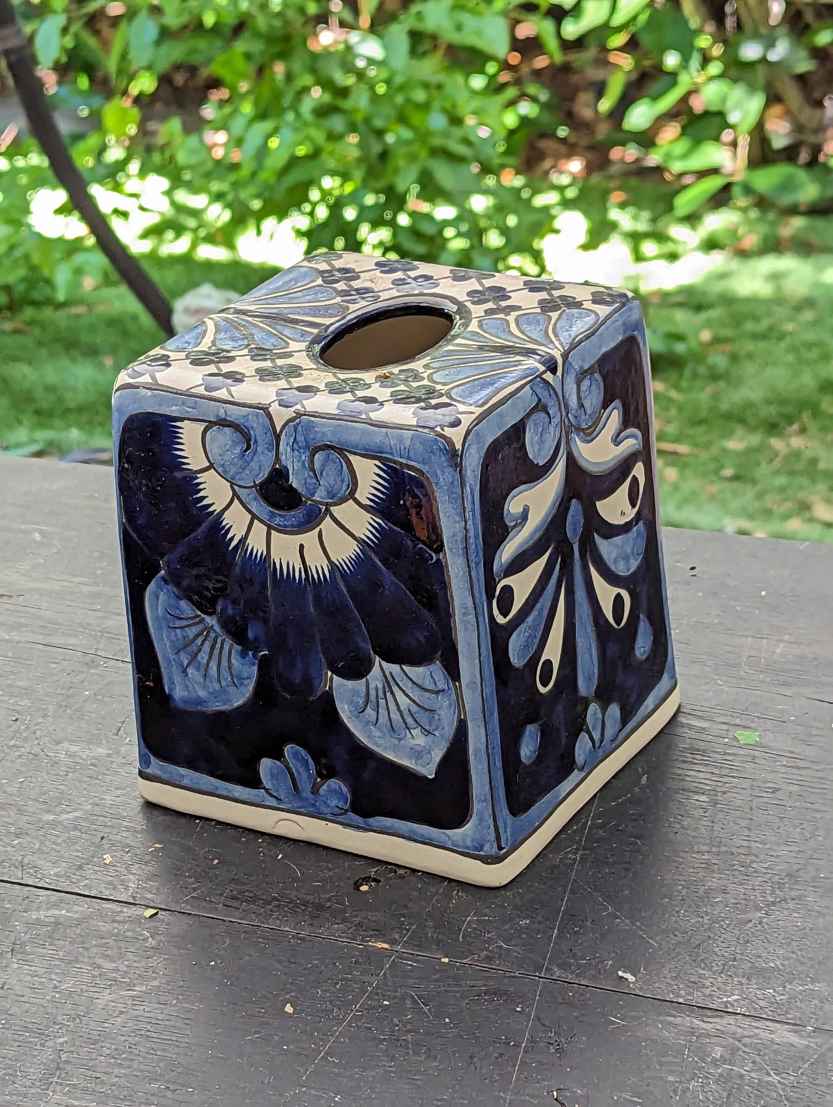 Facial Tissue Holder, Square Tissue Box, Talavera Pottery, Handmade in Mexico, 6" Tall Tissue Case, Blue & White