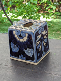 Facial Tissue Holder, Square Tissue Box, Talavera Pottery, Handmade in Mexico, 6" Tall Tissue Case, Blue & White