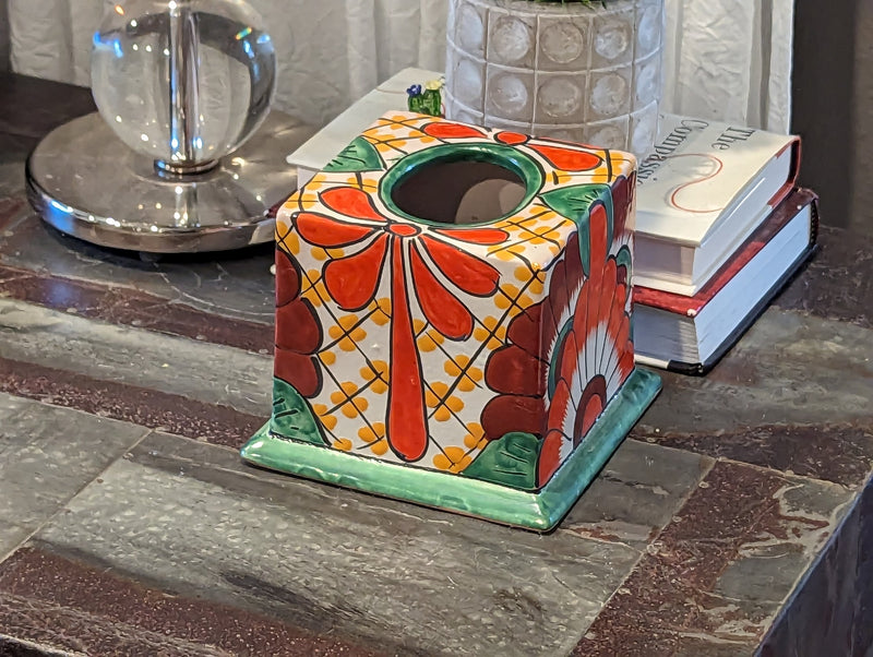 Facial Tissue Holder, Square Tissue Box, Talavera Pottery, Handmade in Mexico, 5" Tall Tissue Case, Green & Red