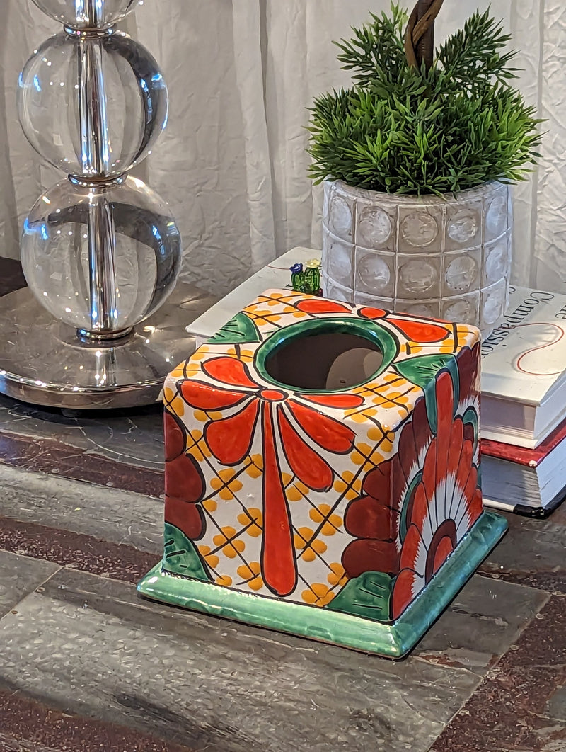 Facial Tissue Holder, Square Tissue Box, Talavera Pottery, Handmade in Mexico, 5" Tall Tissue Case, Green & Red