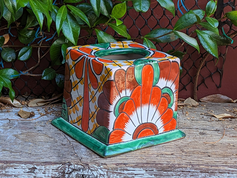 Facial Tissue Holder, Square Tissue Box, Talavera Pottery, Handmade in Mexico, 5" Tall Tissue Case, Green & Red