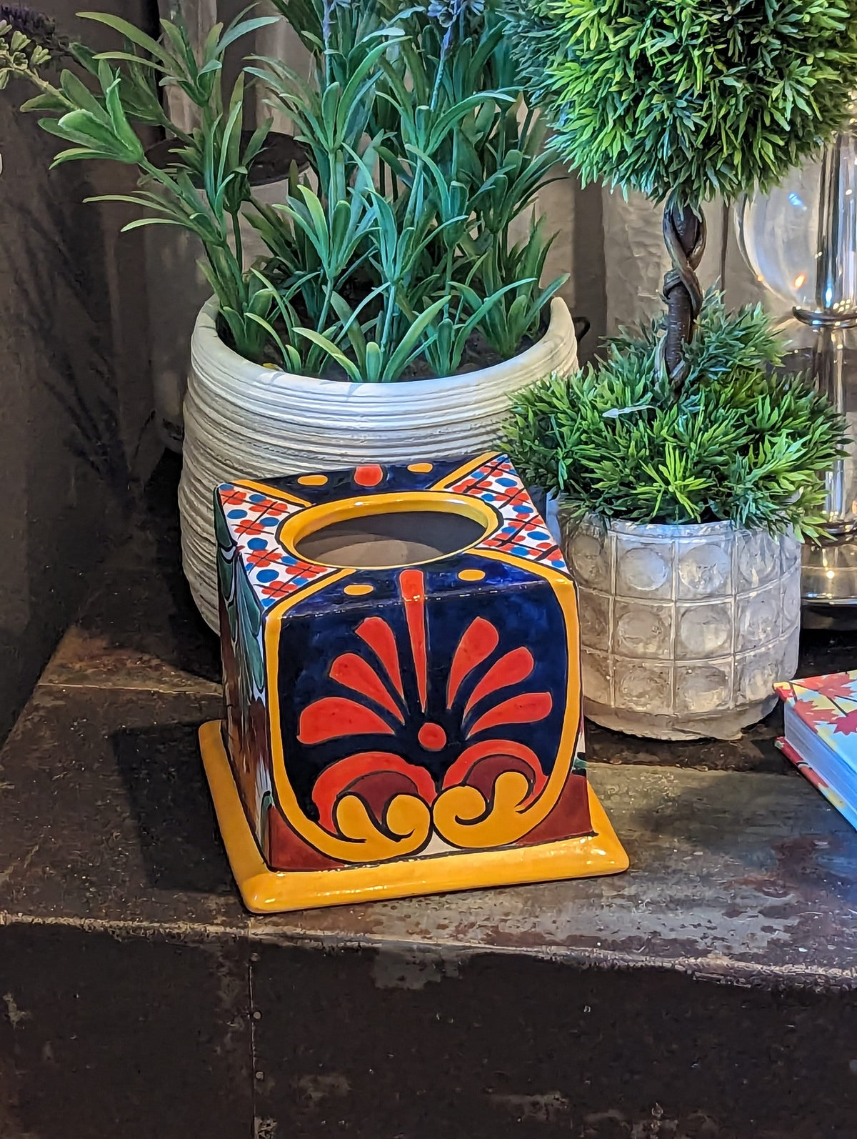 Facial Tissue Holder, Square Tissue Box, Talavera Pottery, Handmade in Mexico, 5" Tall Tissue Case