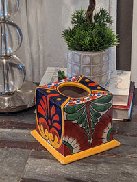 Facial Tissue Holder, Square Tissue Box, Talavera Pottery, Handmade in Mexico, 5" Tall Tissue Case