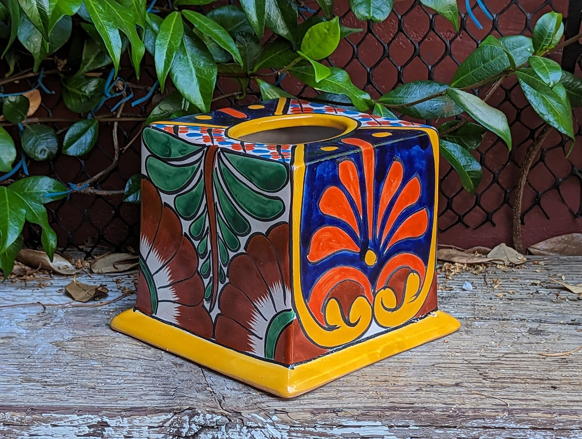 Facial Tissue Holder, Square Tissue Box, Talavera Pottery, Handmade in Mexico, 5" Tall Tissue Case