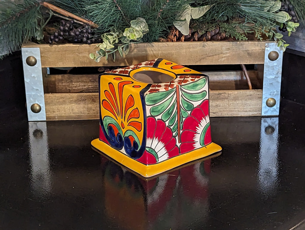 Facial Tissue Holder, Square Tissue Box, Talavera Pottery, Handmade in Mexico, 5" Tall Tissue Case