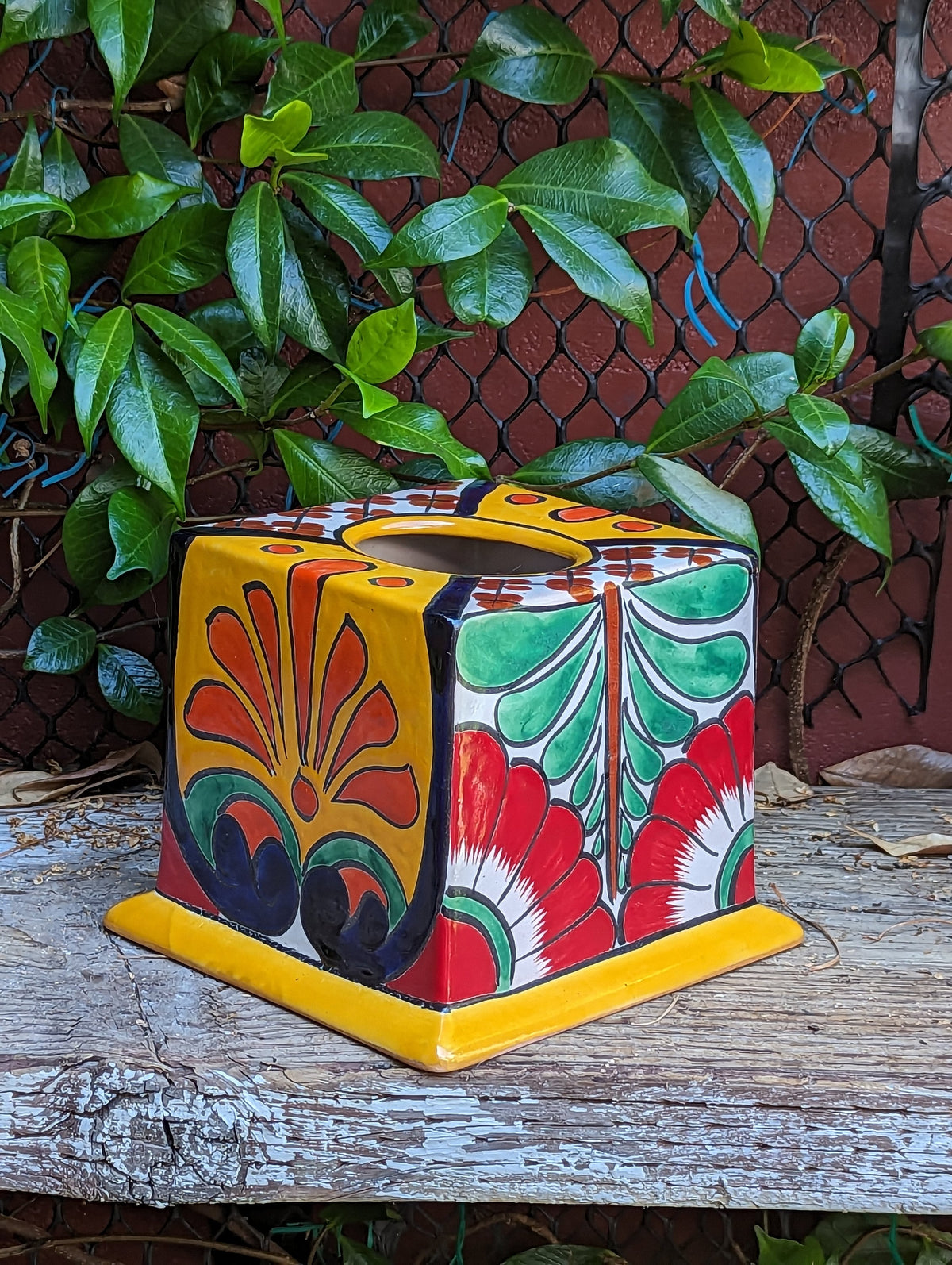 Facial Tissue Holder, Square Tissue Box, Talavera Pottery, Handmade in Mexico, 5" Tall Tissue Case
