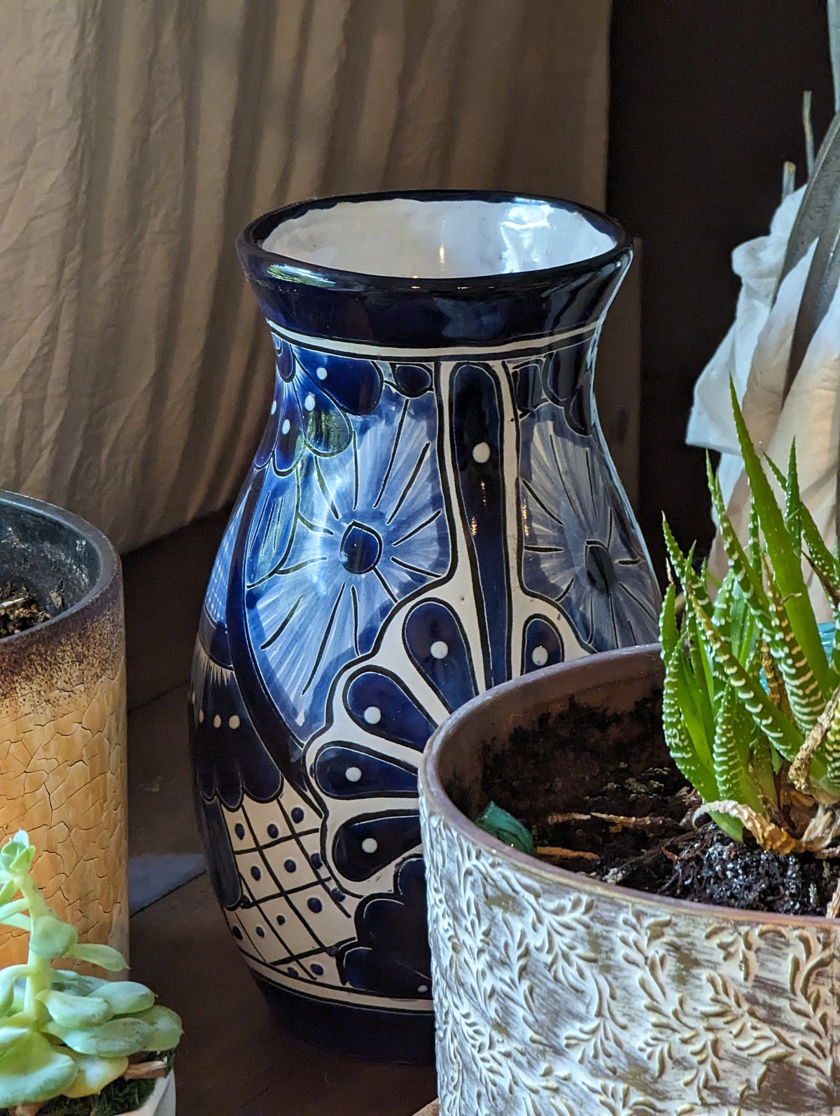 Blue Talavera Ceramic Vase | Handmade Mexican Pottery is Decorative Vase, Dried or Fresh Flowers, Colorful Home Decor