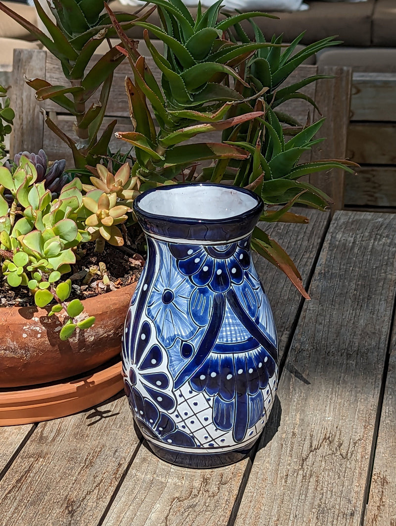 Blue Talavera Ceramic Vase Ships 9-25 | Handmade Mexican Pottery is Decorative Vase, Dried or Fresh Flowers, Colorful Home Decor