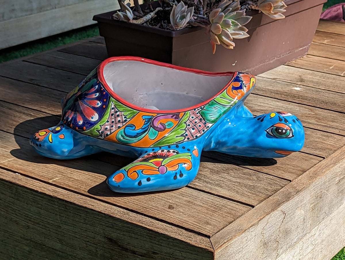 Talavera Turtle Planter, Handmade Mexican Pottery for Succulents or Flowers or Garden Decor, Ceramic Flower Pot for Outdoor or Home Decor