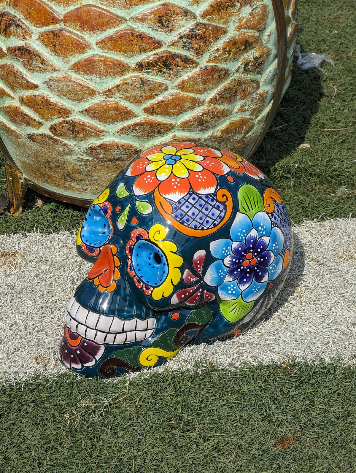 Halloween Skull Decor for Trick or Treat or Halloween Party, Holiday Decor or Seasonal Yard Decor, Handmade Mexican Talavera Pottery 12" H