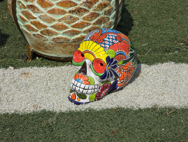 Halloween Skull Decor for Trick or Treat or Halloween Party, Holiday Decor or Seasonal Yard Decor, Handmade Mexican Talavera Pottery 12" H