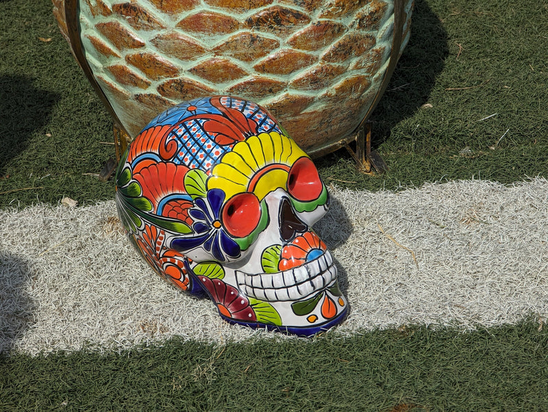 Halloween Skull Decor for Trick or Treat or Halloween Party, Holiday Decor or Seasonal Yard Decor, Handmade Mexican Talavera Pottery 12" H