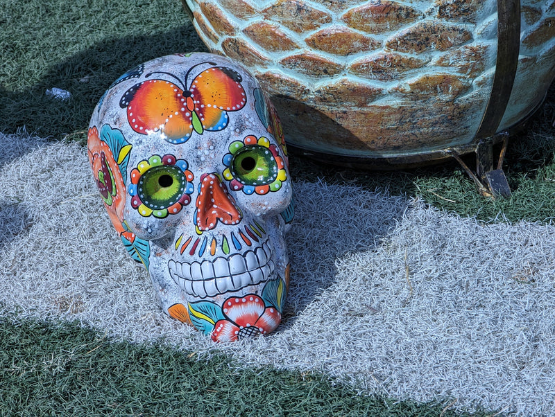 Halloween Skull Decor for Trick or Treat or Halloween Party, Holiday Decor or Seasonal Yard Decor, Handmade Mexican Talavera Pottery 12" H