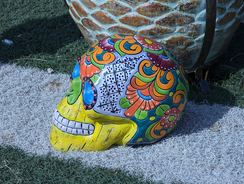Halloween Skull Decor for Trick or Treat or Halloween Party, Holiday Decor or Seasonal Yard Decor, Handmade Mexican Talavera Pottery 12" H