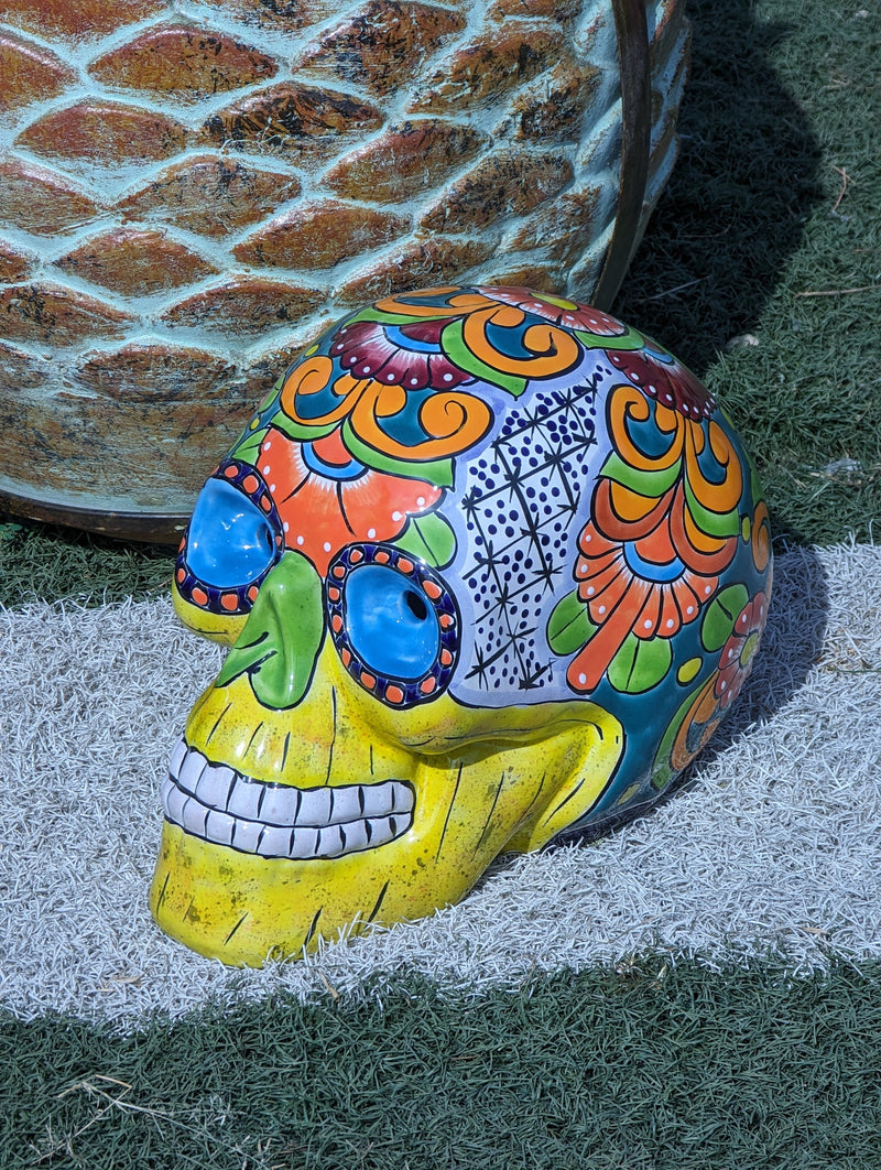 Halloween Skull Decor for Trick or Treat or Halloween Party, Holiday Decor or Seasonal Yard Decor, Handmade Mexican Talavera Pottery 12" H