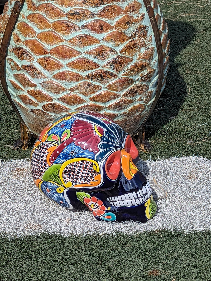 Halloween Skull Decor for Trick or Treat or Halloween Party, Holiday Decor or Seasonal Yard Decor, Handmade Mexican Talavera Pottery 12" H