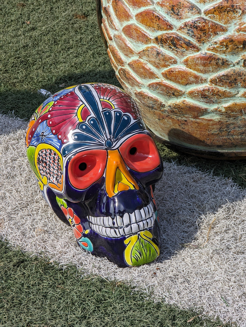 Halloween Skull Decor for Trick or Treat or Halloween Party, Holiday Decor or Seasonal Yard Decor, Handmade Mexican Talavera Pottery 12" H