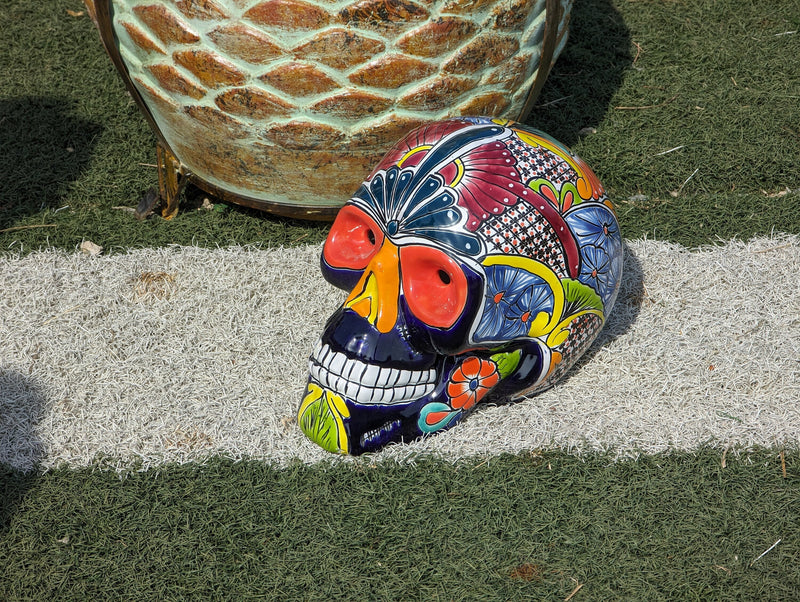 Halloween Skull Decor for Trick or Treat or Halloween Party, Holiday Decor or Seasonal Yard Decor, Handmade Mexican Talavera Pottery 12" H