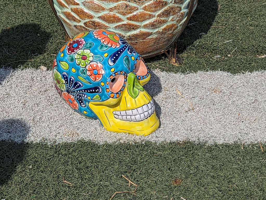 Halloween Skull Decor for Trick or Treat or Halloween Party, Holiday Decor or Seasonal Yard Decor, Handmade Mexican Talavera Pottery 12" H