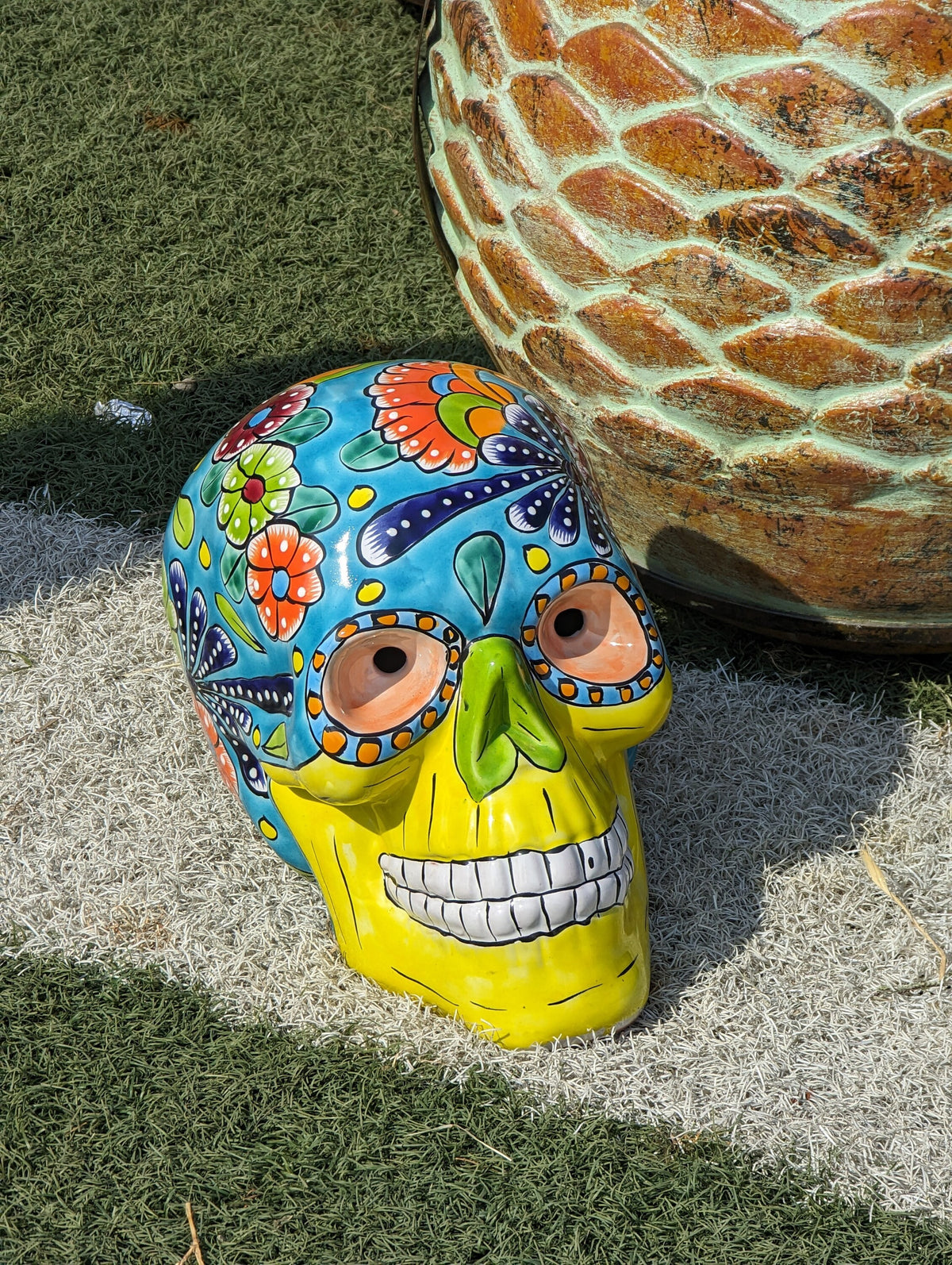 Halloween Skull Decor for Trick or Treat or Halloween Party, Holiday Decor or Seasonal Yard Decor, Handmade Mexican Talavera Pottery 12" H