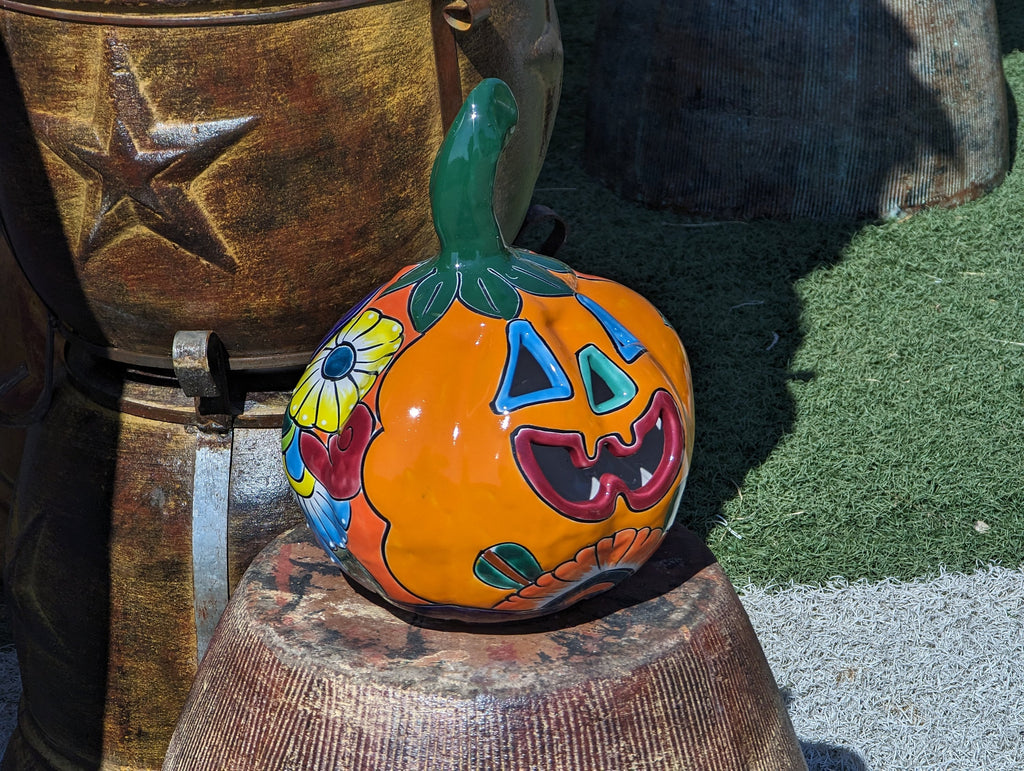 Halloween Pumpkin Decor Jack-o-Lantern for Trick or Treat Party, Holiday Decor or Seasonal Yard Decor, Handmade Mexican Talavera Pottery