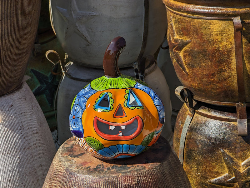 Halloween Pumpkin Decor, Jack-o-Lantern for Trick or Treat Party, Holiday Decor or Seasonal Yard Decor, Handmade Mexican Talavera Pottery