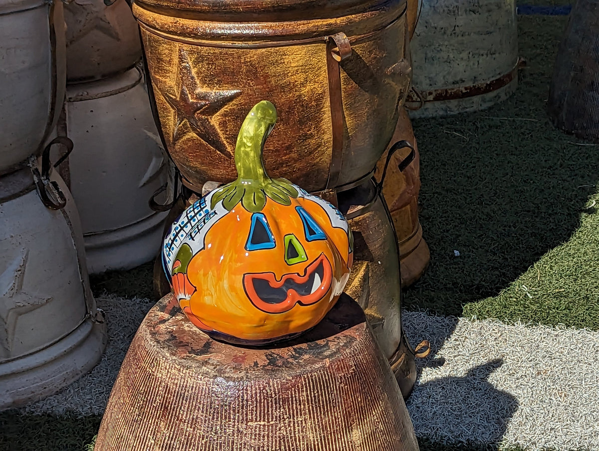 Halloween Pumpkin Decor, Jack-o-Lantern for Trick or Treat Party, Holiday Decor or Seasonal Yard Decor, Handmade Mexican Talavera Pottery