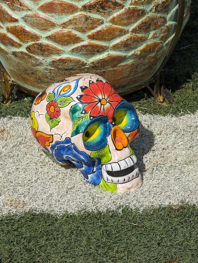 Halloween Skull Decor for Trick or Treat or Halloween Party, Holiday Decor or Seasonal Yard Decor, Handmade Mexican Talavera Pottery 9.5" H