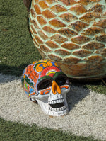 Halloween Skull Decor for Trick or Treat or Halloween Party, Holiday Decor or Seasonal Yard Decor, Handmade Mexican Talavera Pottery 9.5" H