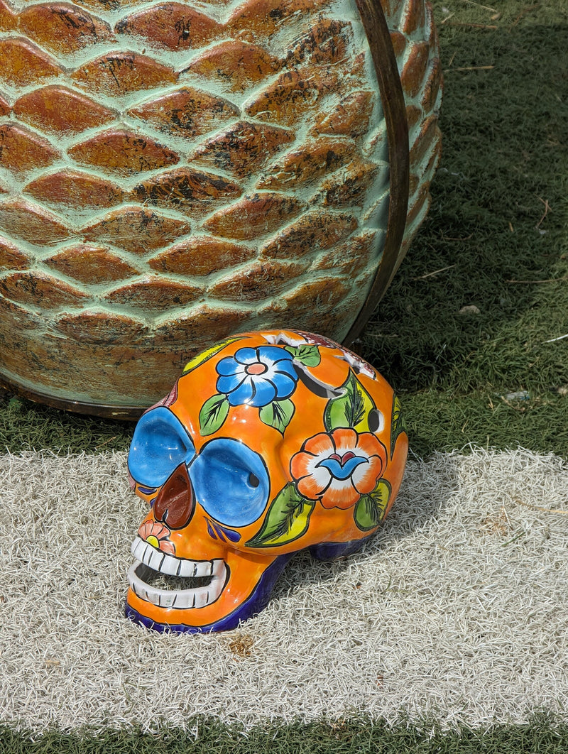 Halloween Skull Decor for Trick or Treat or Halloween Party, Holiday Decor or Seasonal Yard Decor, Handmade Mexican Talavera Pottery 9.5" H