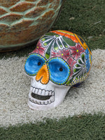 Halloween Skull Decor for Trick or Treat or Halloween Party, Holiday Decor or Seasonal Yard Decor, Handmade Mexican Talavera Pottery 9.5" H