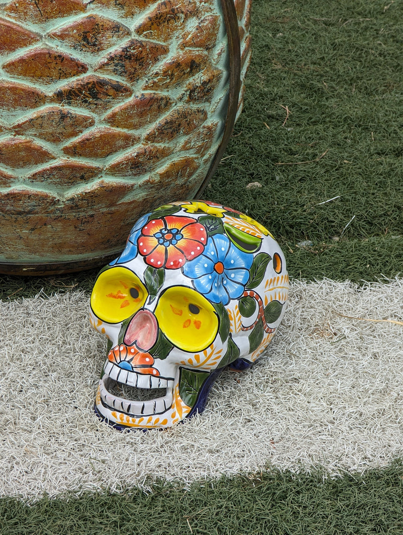 Halloween Skull Decor for Trick or Treat or Halloween Party, Holiday Decor or Seasonal Yard Decor, Handmade Mexican Talavera Pottery 9.5" H