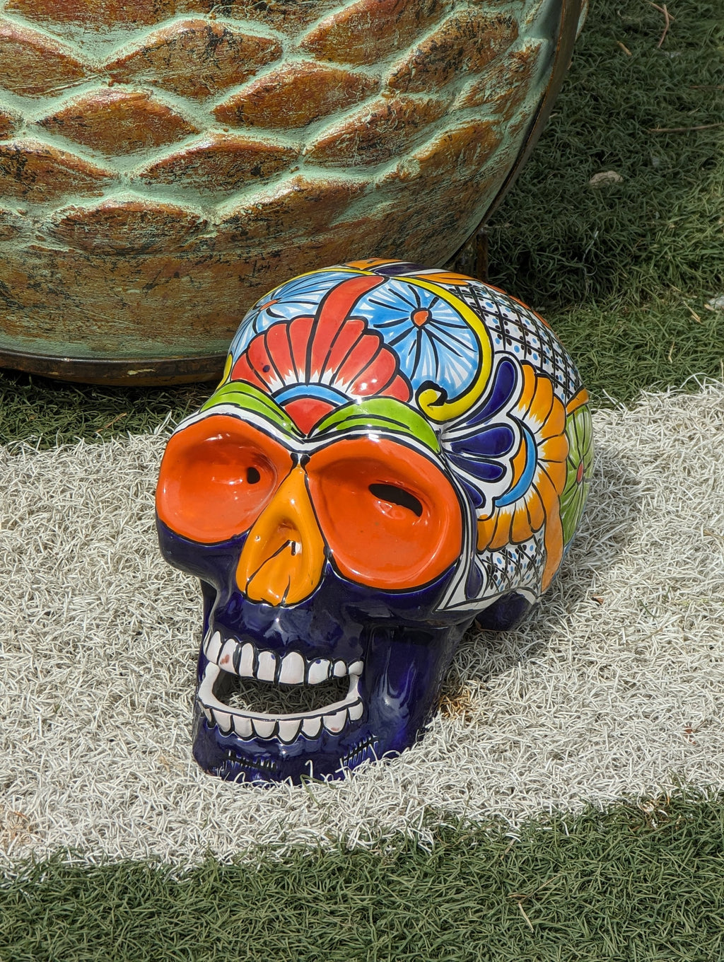 Halloween Skull Decor for Trick or Treat or Halloween Party, Holiday Decor or Seasonal Yard Decor, Handmade Mexican Talavera Pottery 9.5" H