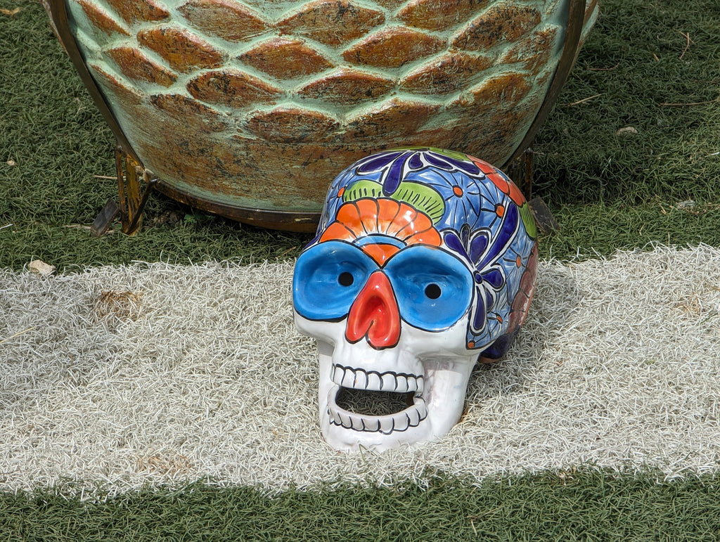 Halloween Skull Decor for Trick or Treat or Halloween Party, Holiday Decor or Seasonal Yard Decor, Handmade Mexican Talavera Pottery 9.5" H