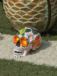 Halloween Skull Decor for Trick or Treat or Halloween Party, Holiday Decor or Seasonal Yard Decor, Handmade Mexican Talavera Pottery 9.5" H