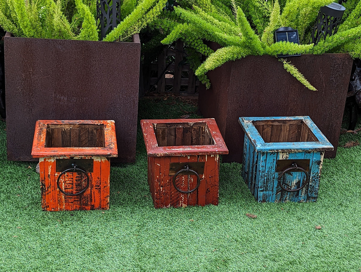 Rustic Wooden Box Planter in Blue for Outdoor Garden Decor or Porch or Patio Decor, Handmade in Mexico, 10" Tall, Weighs 6 lbs