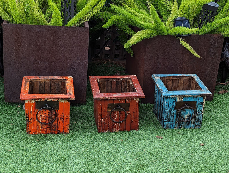 Rustic Wooden Box Planter in Blue for Outdoor Garden Decor or Porch or Patio Decor, Handmade in Mexico, 10" Tall, Weighs 6 lbs