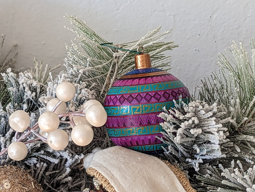 Christmas Tree Ornaments, Hand Painted Wood Ornament for Christmas Tree is Mexican Christmas Decor of festive holiday patterns & bold colors