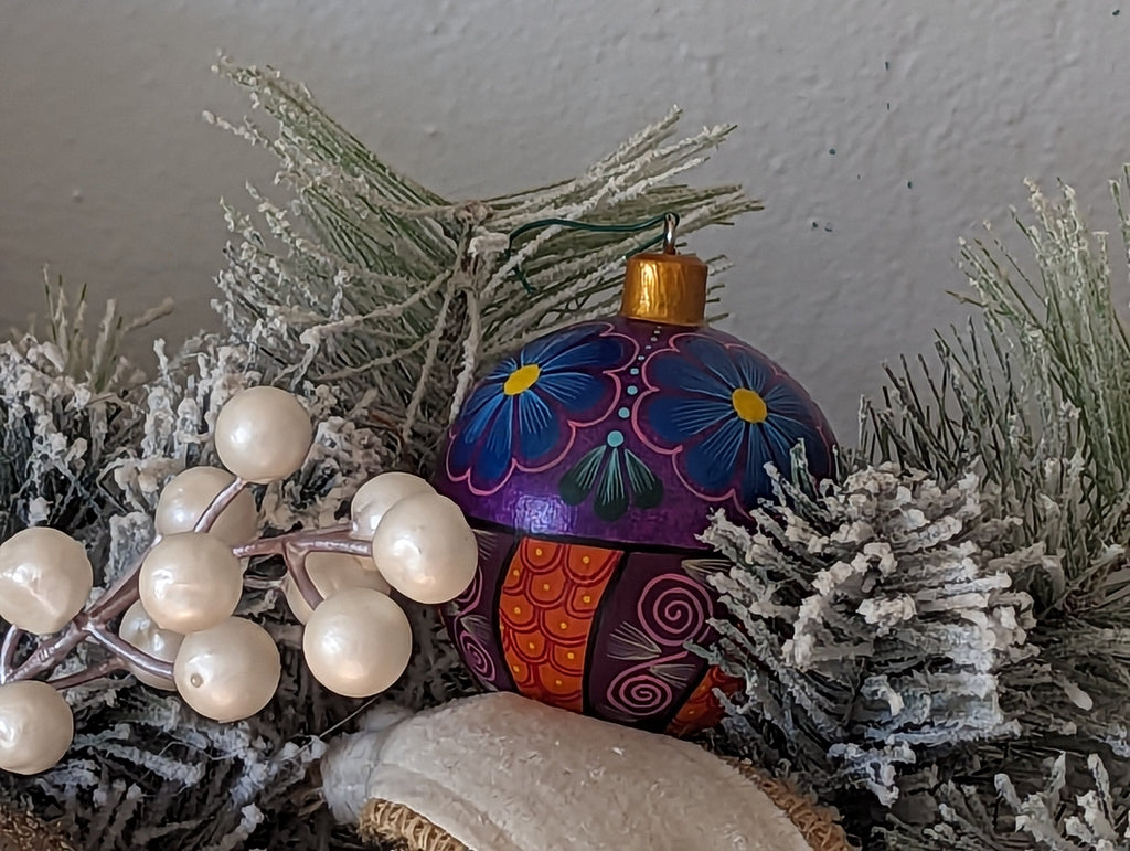 Christmas Tree Ornaments, Hand Painted Wood Ornament for Christmas Tree is Mexican Christmas Decor of festive holiday patterns & bold colors