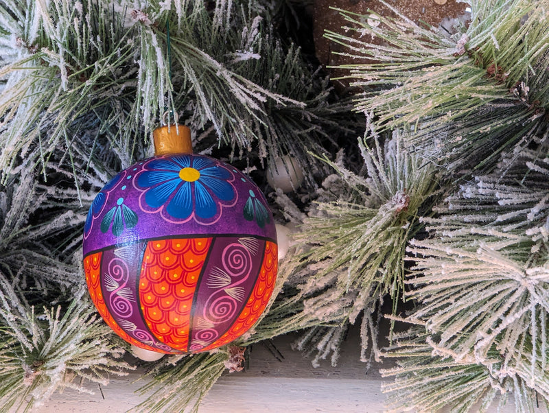 Christmas Tree Ornaments, Hand Painted Wood Ornament for Christmas Tree is Mexican Christmas Decor of festive holiday patterns & bold colors