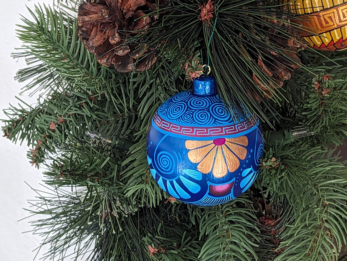 Christmas Tree Ornaments, Hand Painted Wood Ornament for Christmas Tree is Mexican Christmas Decor of festive holiday patterns & bold colors