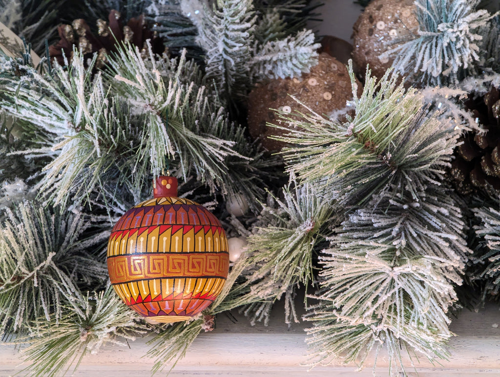 Christmas Tree Ornaments, Hand Painted Wood Ornament for Christmas Tree is Mexican Christmas Decor of festive holiday patterns & bold colors